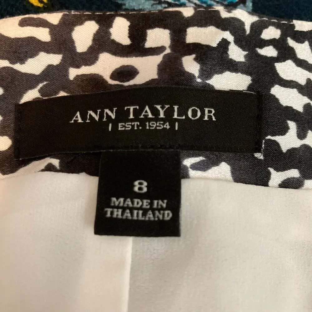Ann Taylor‎ Skirt Womens Sz 8 Black White Animal Print Cotton Silk Stretch Lined